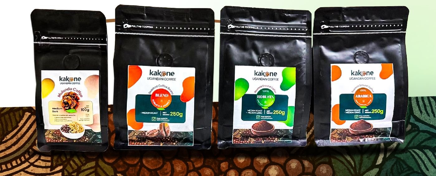 The four Kakone Coffee product lines — Mulondo, Blend, Robusta and Arabica